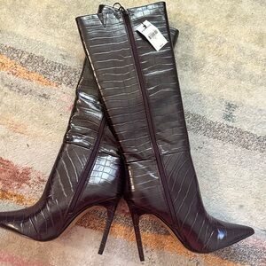Express Thin Heel Calf Boots - Croc Embossed Brown; Size 9; Brand New with tags
